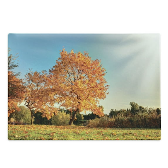 Autumn Cutting Board, Autumn Sight with Pale Falling Leaves in the Park Foliage Nature Season Concept, Decorative Tempered Glass Cutting and Serving Board, Large Size, Orange Blue, by Ambesonne
