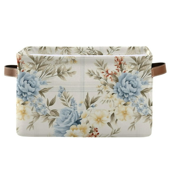 Beautiful Vintage Floral Flower Storage Bins with Handle Fabric Organizer Basket Foldable Box 1 Pack 14.2x10.2x8.3