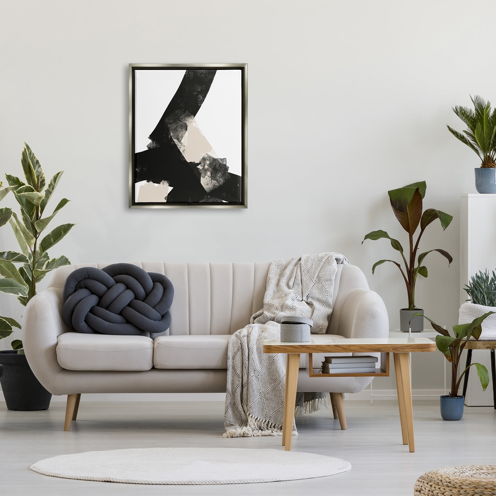 Stupell Industries Bold Black Shapes Curved Stripe Abstract Painting Graphic Art Luster Gray Floating Framed Canvas Print Wall Art, Design by Brandon Wong