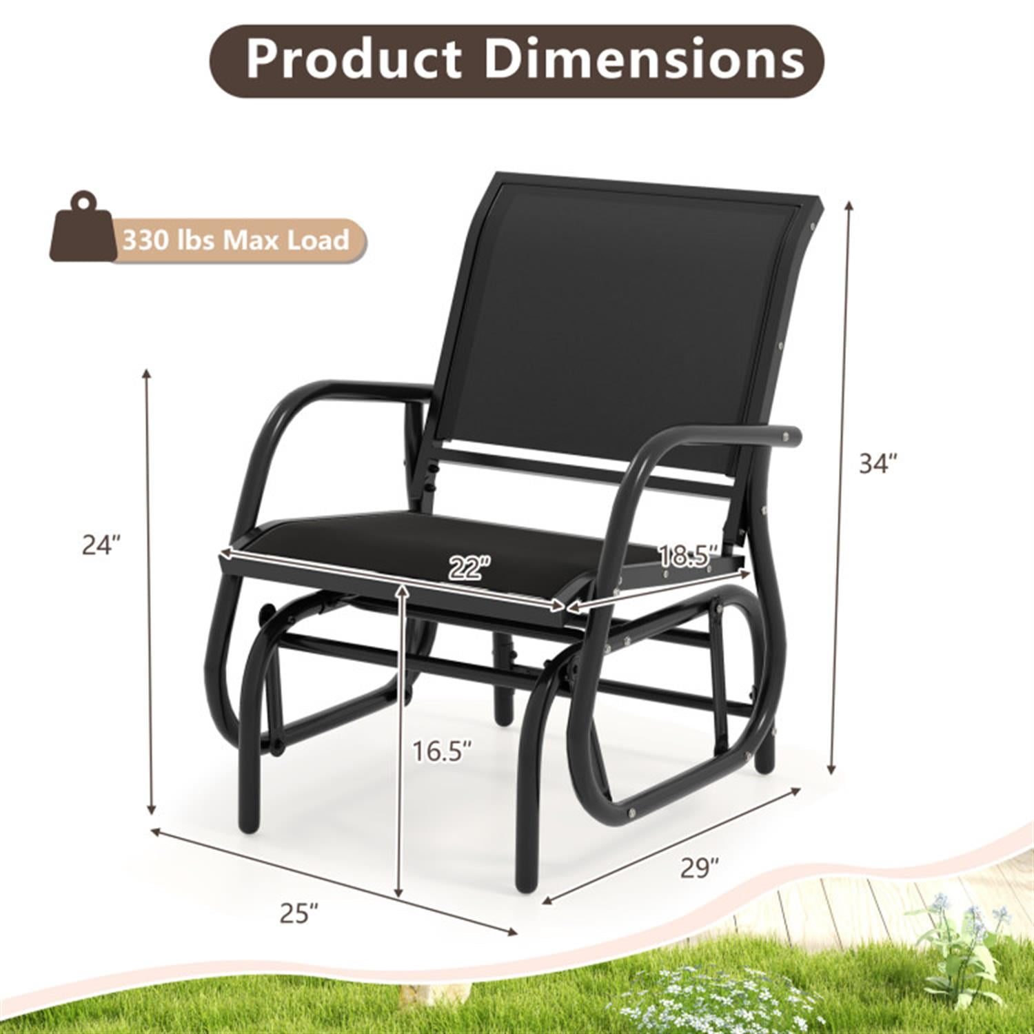 Demi Bonn Outdoor Single Swing Glider Rocking Chair with Armrest, Outdoor Glider Chairs for Porch, Balcony, Poolside, Black