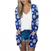 ZQGJB Winter Savings Clearance Christmas Cardigans for Women 2022 Comfy Casual Lightweight Open Front Cardigan Long Sleeve Graphic Tops Shirts Loose Flowy Hem Blouse Blue S
