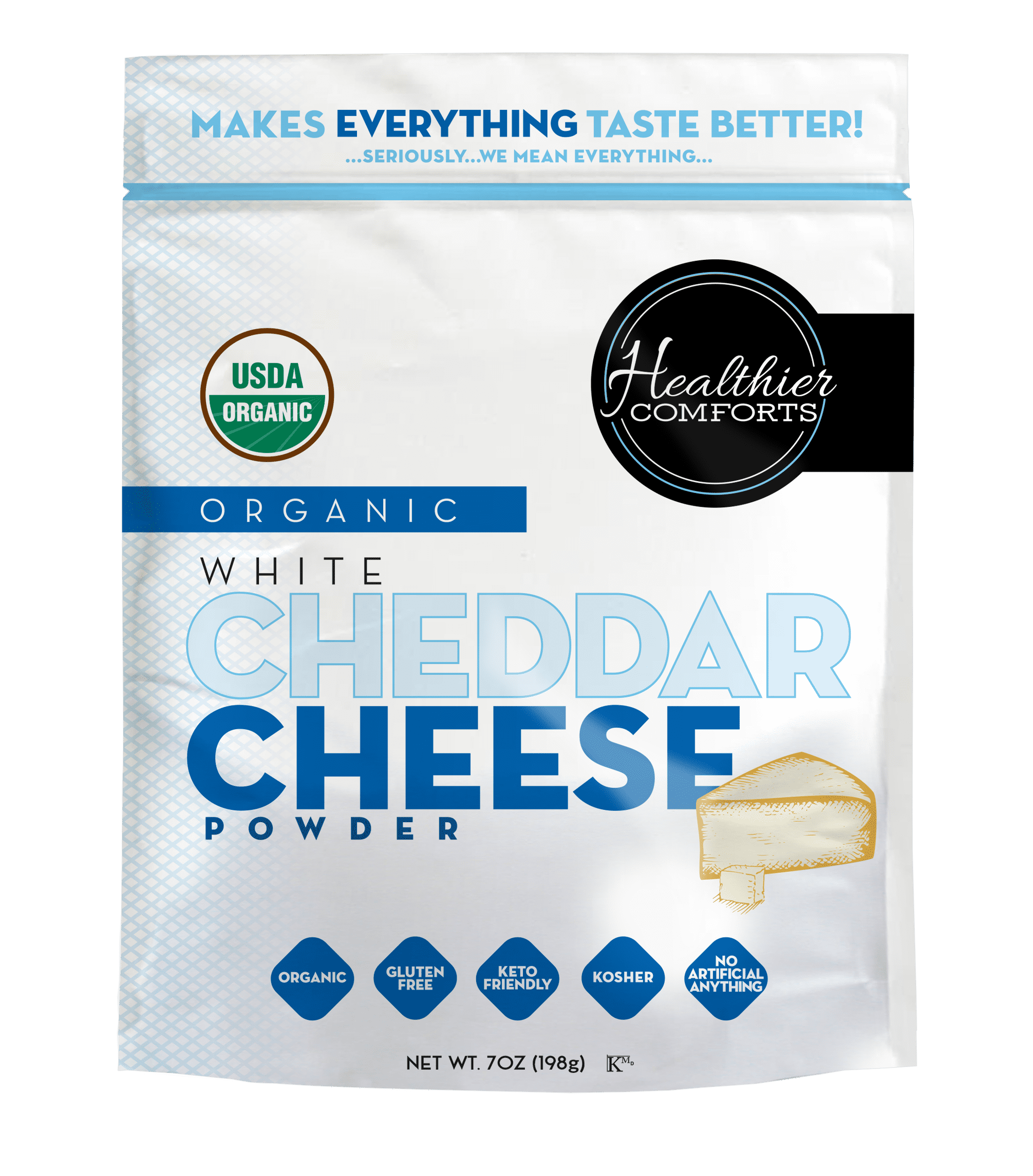 Healthier Comforts Organic White Cheddar Cheese Powder 7oz | Gluten Free, Kosher, Keto-Friendly, Non-GMO, Antibiotic & Hormone Free | Popcorn Seasoning, Mac and Cheese, Pasta & Sauces