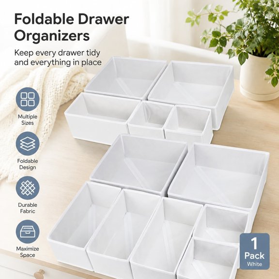 12 Pack Foldable Fabric Drawer Organizers for Clothes, Storage Boxes for Underwear, Socks, Bras, Towels, Baby Clothing, White