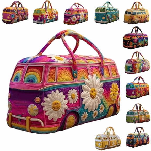 Hippie Van Quilted Duffle Bag, Boho Travel Weekender Bag with Strap, Retro Style for Everyday Travel
