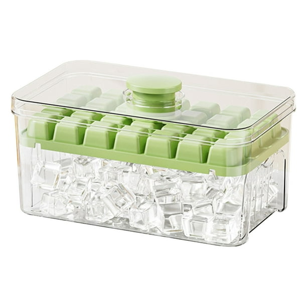 Bandeja de plástico con tapa para caja de almacenamiento, fácil de liberar, con compartimento para hielo de un solo botón, molde para cocina doméstica. Incluye pala para hielo y espátula para enfriar