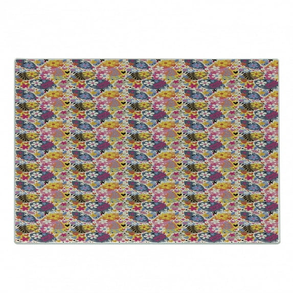 Floral Cutting Board, Vibrant Spring Theme of Happy Hearts Blossoms and Leaves Seasonal Outdoor Print, Decorative Tempered Glass Cutting and Serving Board, in 3 Sizes, by Ambesonne