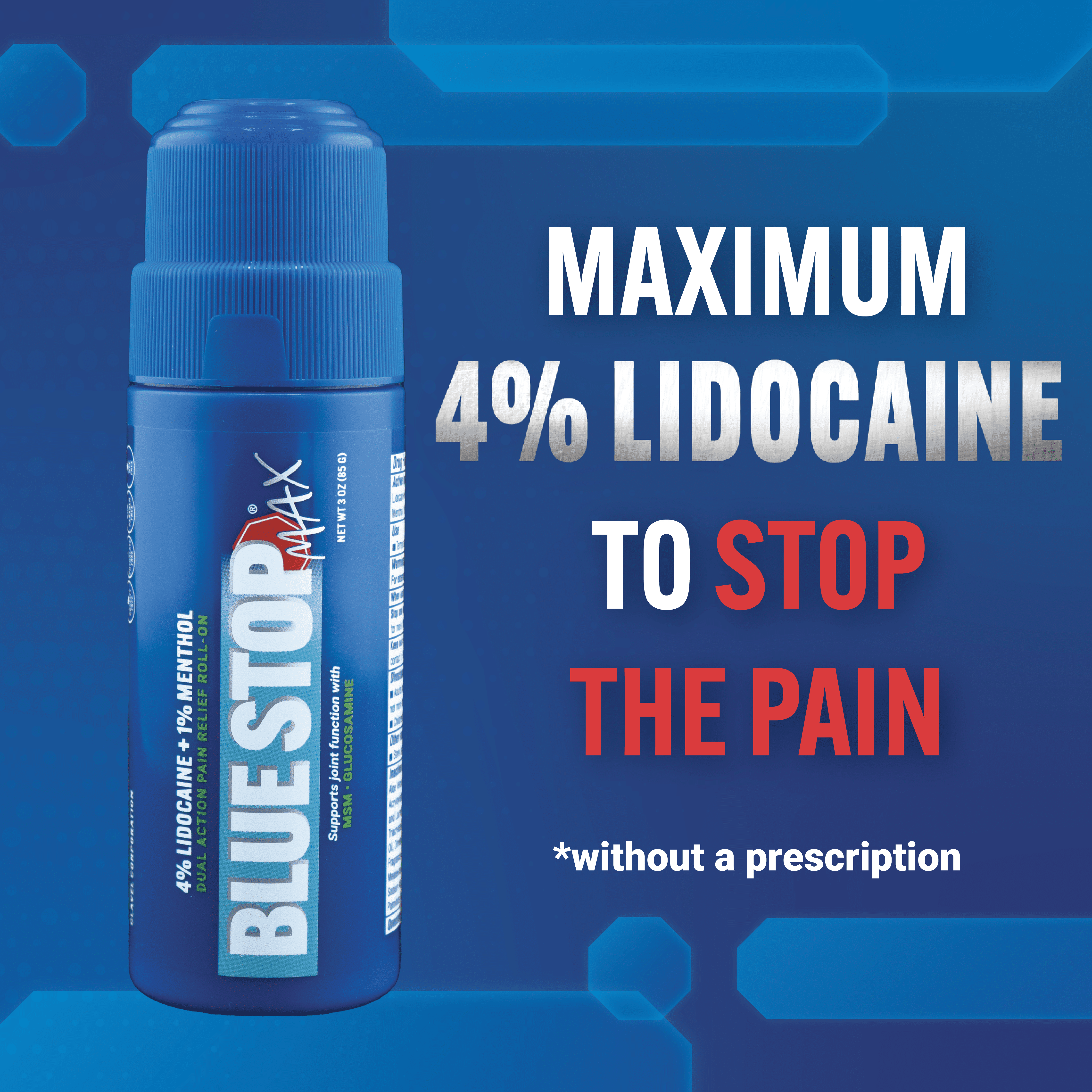 (3 pack) Blue Stop Max Roll-on with 4% Lidocaine + 1% Menthol, for Pain Relief in Muscles, Joints and Nerves, 3 oz