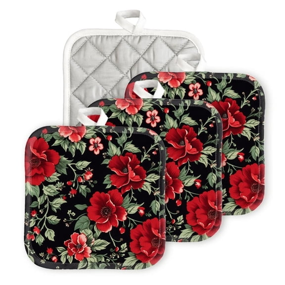 Bahomeck Pot Holder 4Pcs,Red Flowers On Black Square Heat Resistant Hot Pads For Kitchen Cooking Oven With Hanging Loop Potholder Easy To Store