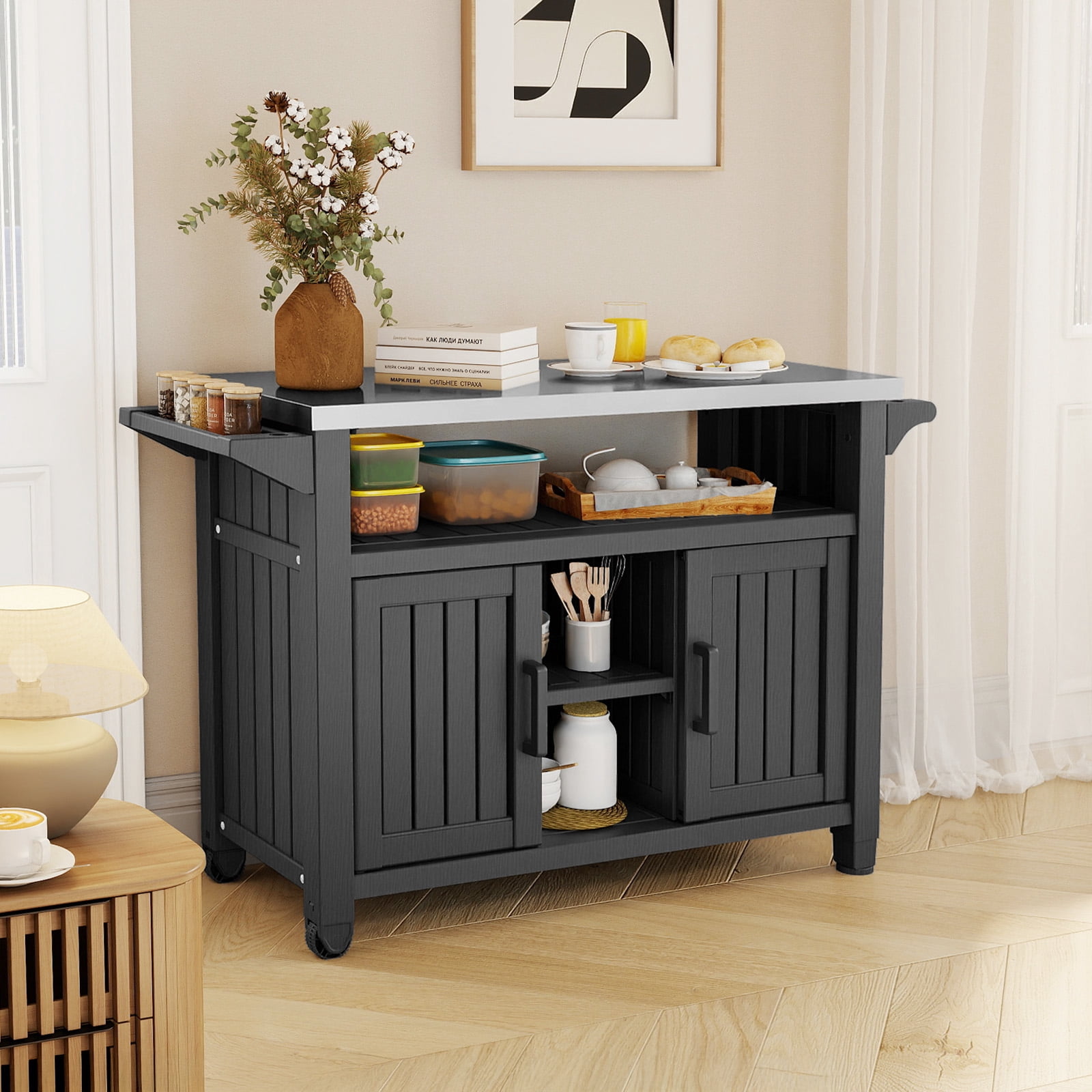 Fazzn Outdoor Rolling Table Cart for Food Prep, Storage, Bar & Grill, Black - Portable Kitchen Island Tabletop with Wheels for Drinks, Snacks, and Cooking