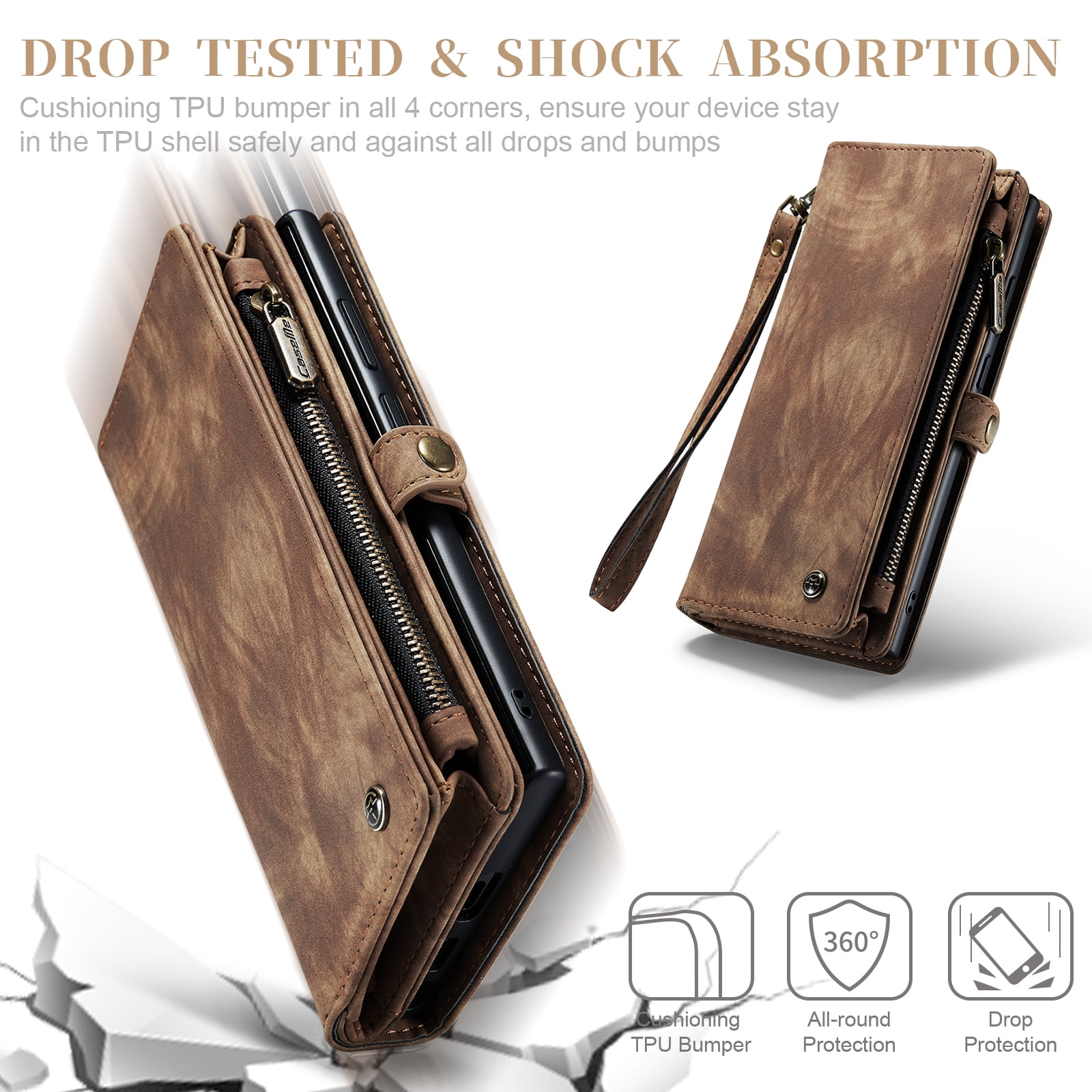 Feishell Durable 2- In-1 Magnetic Detachable Wallet Case for Samsung Galaxy S24 Ultra,for Women Men,Premium PU Leather Zipper Pocket Flip Multi Card Slots Purse Phone Case with Wrist Strap,Darkbrown
