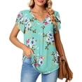 thumbnail image 1 of Camiseta con cuello en V para mujer, mangas cortas de pétalos, espalda plisada, línea media, blusas casuales holgadas, verde menta M, 1 of 5