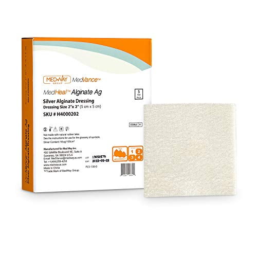 Silver Calcium Alginate Ag Sterile Highly Absorbent Antibacterial Dressing, 2'x2', 5 dressings/Box, MedHeal by MedvanceTM
