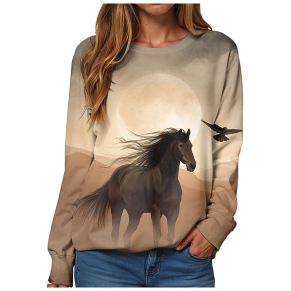 idosla Women's Western Horse Print Sweatshirt Vintage Cowboy Horse Casual Long Sleeve Crew Neck Loose Pullover Shirts Tops (Coffee, XXL)