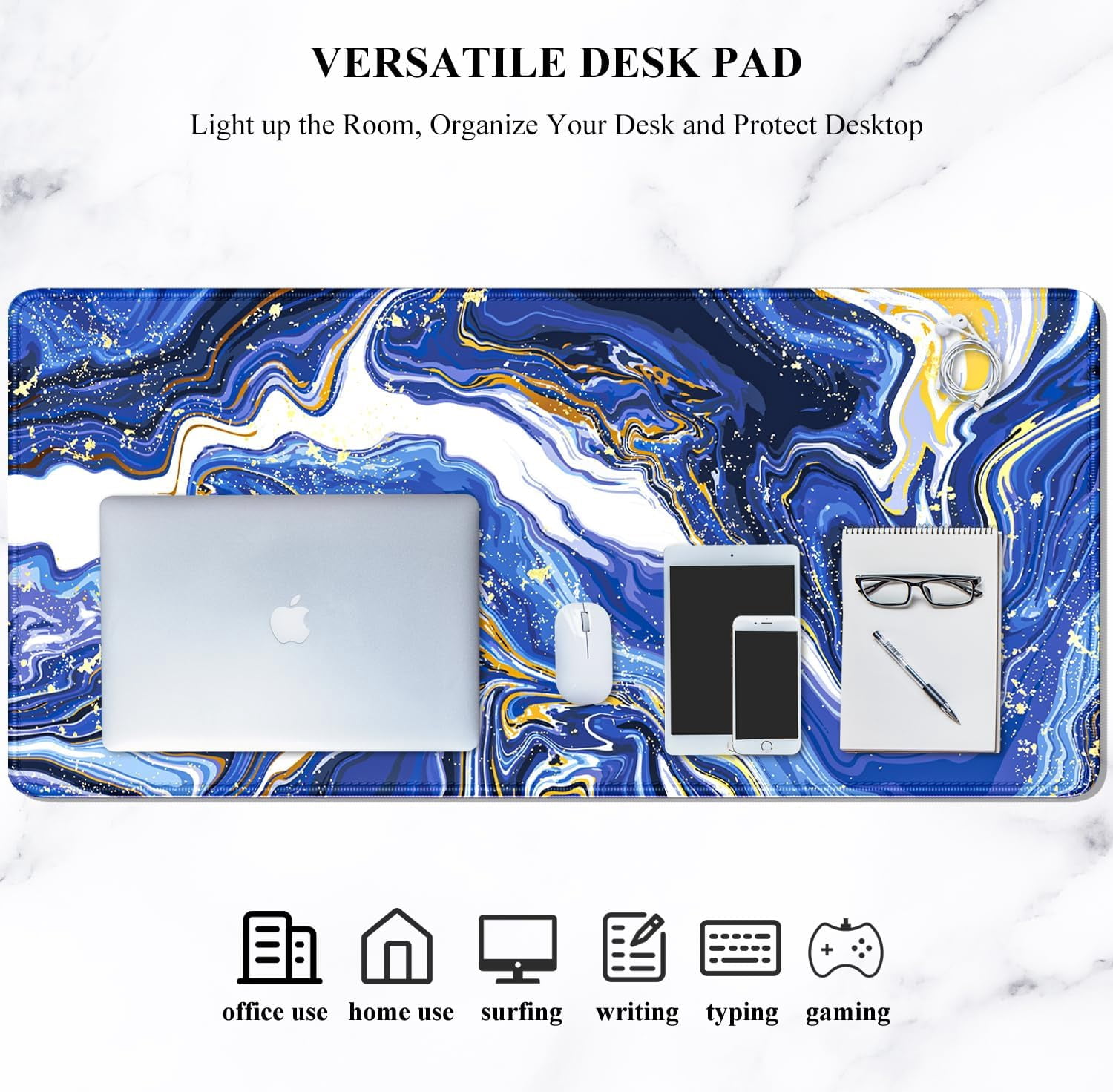 Large Mouse Pad, XXL Gaming Mousepad, Desk Mat for Desktop, Thick Rubber, Big & Long Size, Stitched Edges, Full Desk Pad for Laptop & Computer, Extended 31.5 x 11.8 in, Navy Marble