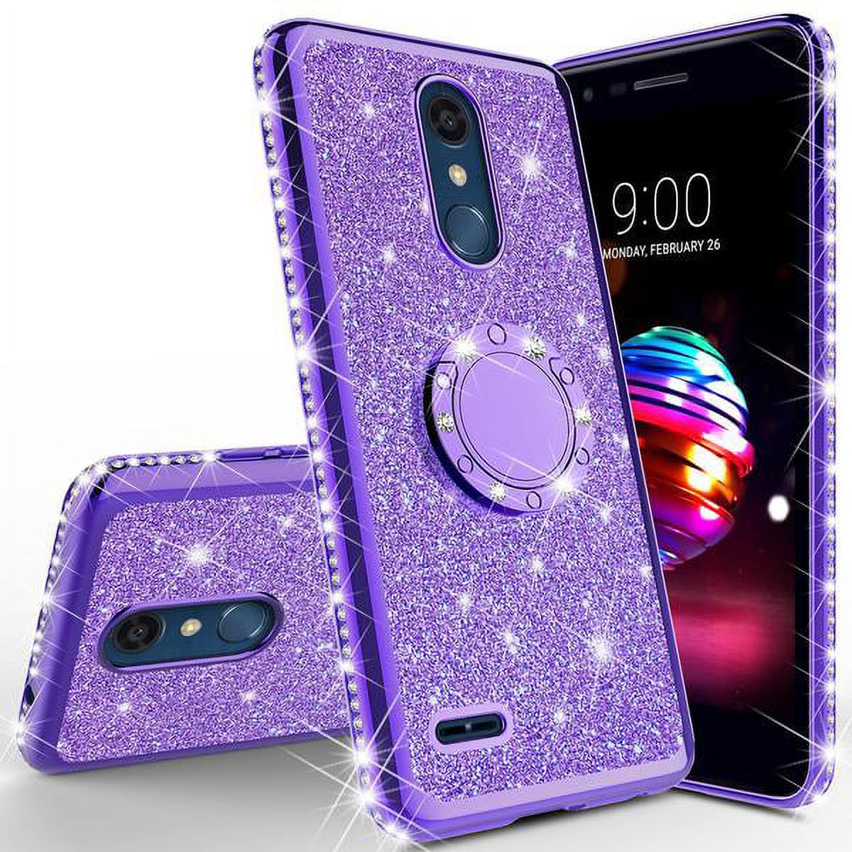 LG Xpression Plus Case/LG Phoenix Plus Case/LG Harmony 2/K10 2018/K30/Premier Pro LTE Case,Cute Glitter Bling Diamond Bumper Ring Stand Phone Case Sparkly Clear Kickstand Case Girls Women - Purple - image 2 of 5