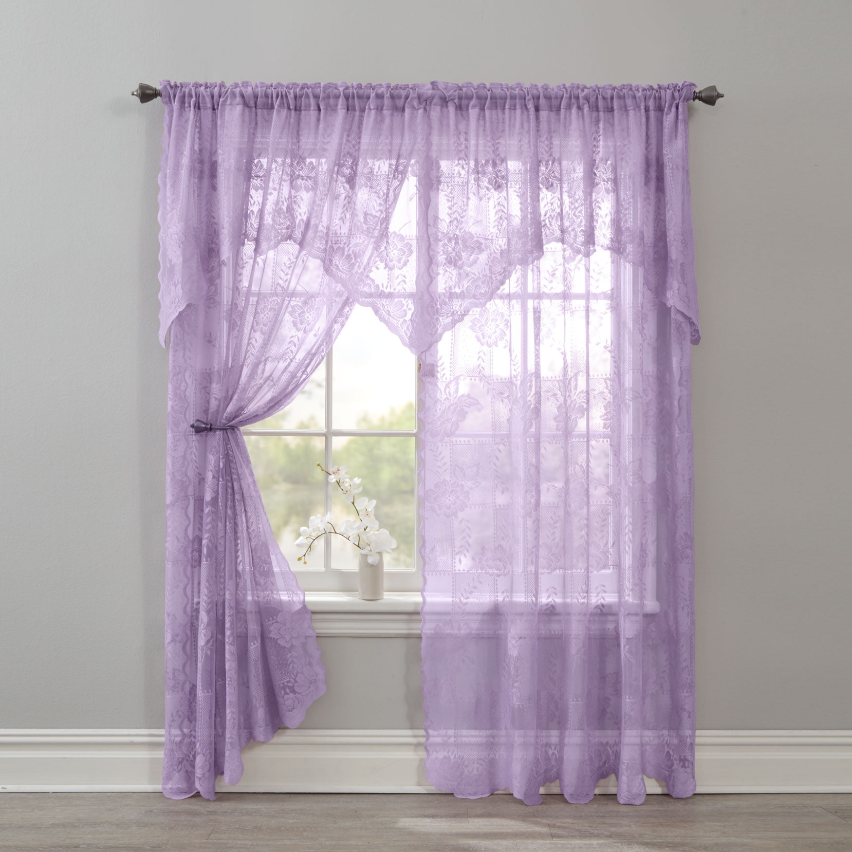 BrylaneHome Ella Floral Lace Panel With Attached Valance 58I W 63I L