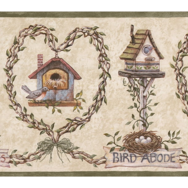 Wallpaper Border Bird Nest Birdhouse Beige Wall Border Farmhouse
