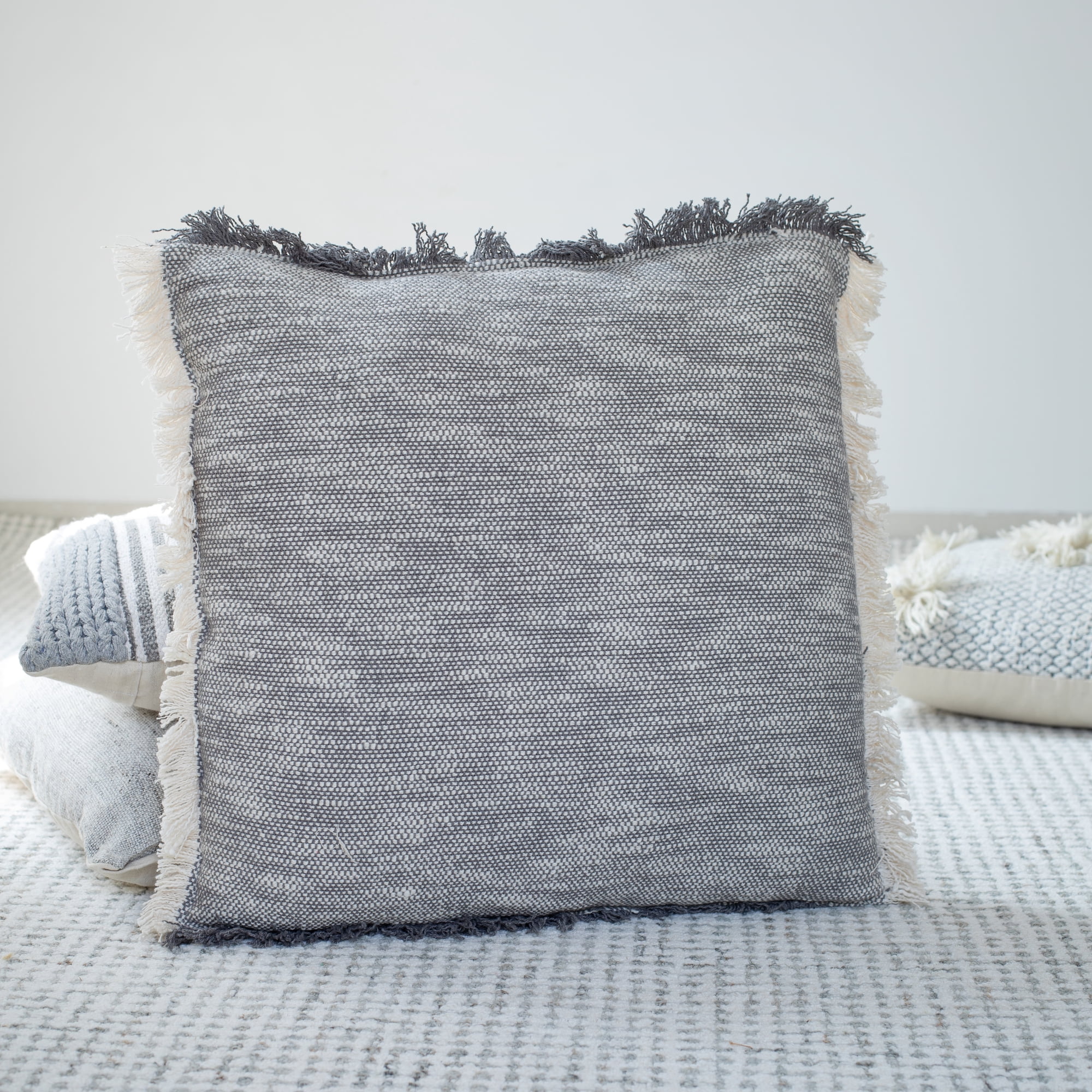 LR Home Bennett Set of 2 Fringed 20" x 20" Navy Cotton Adult Decorative Throw Pillows