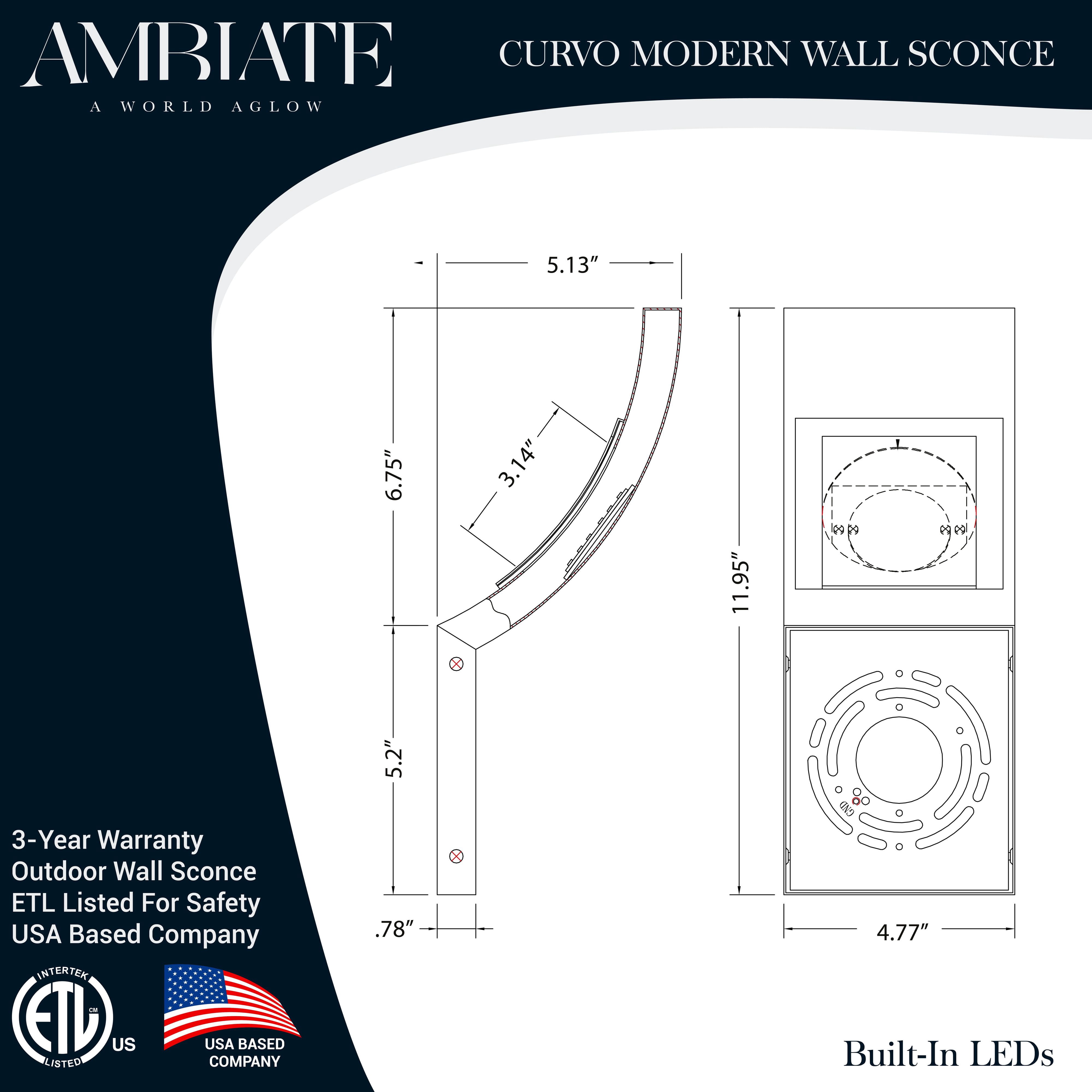Ambiate Curvo Modern LED Wall Sconce Fixture, 12 Watts, 3000K, 90 CRI, 650 Lumens, Outdoor Use, Black Finish, For Porches, Patios, Garage Openings, Commercial or Residential, ETL Listed