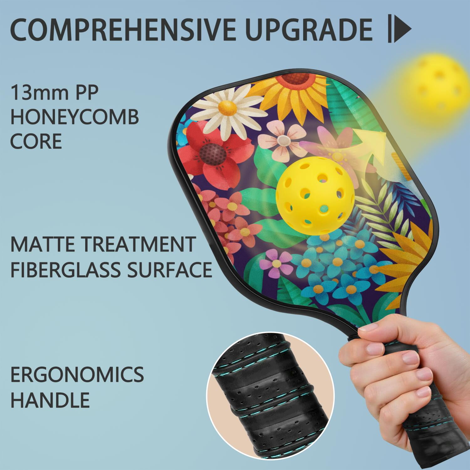 Pickleball Paddles Set Of 1, Fiberglass Surface, Vintage Floral Print, 1 Paddle, 2 Balls & Bag