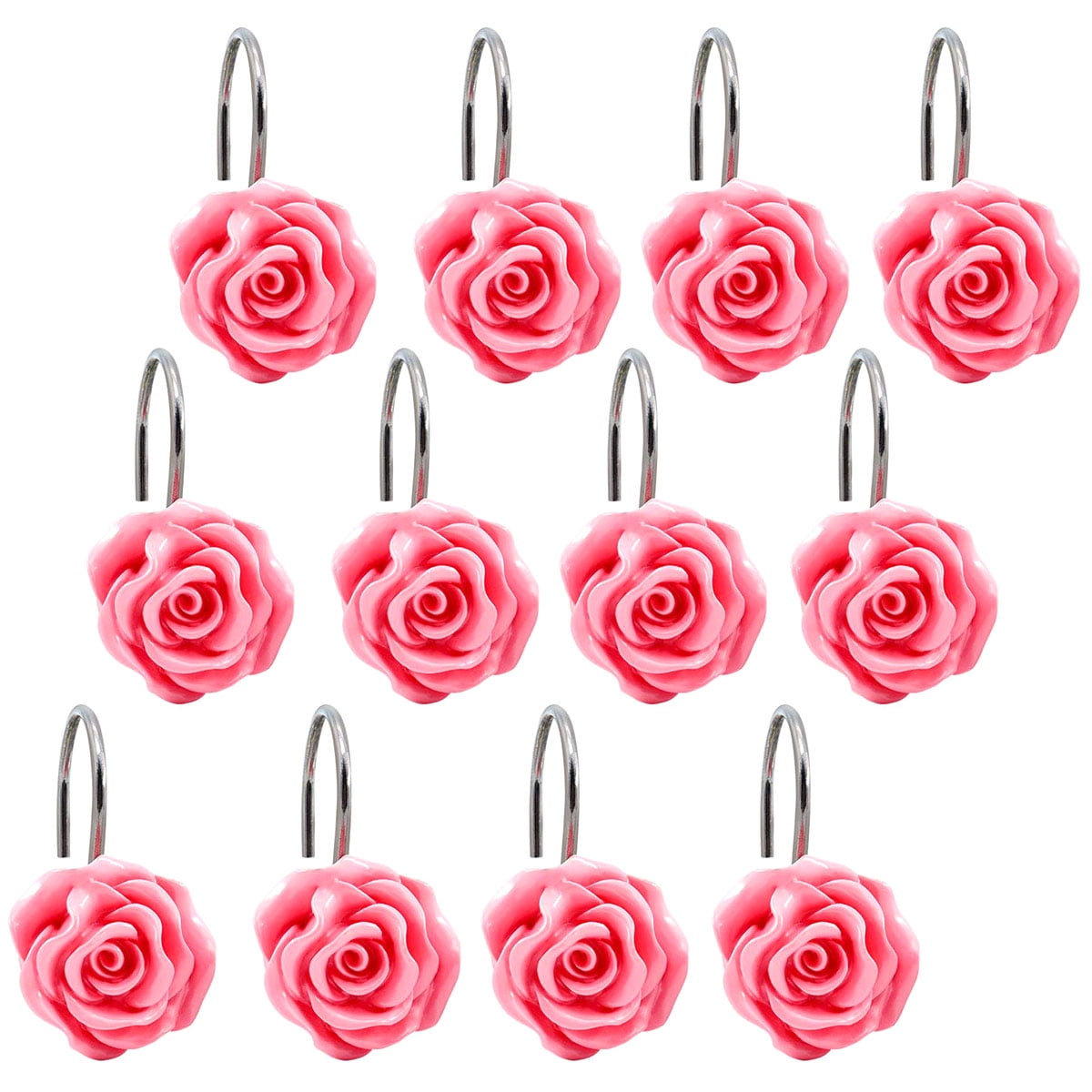 Mamamax 12 Pcs Shower Curtain Hooks,Rustproof Shower Curtain Hooks Resin Rose Flower Shower ...