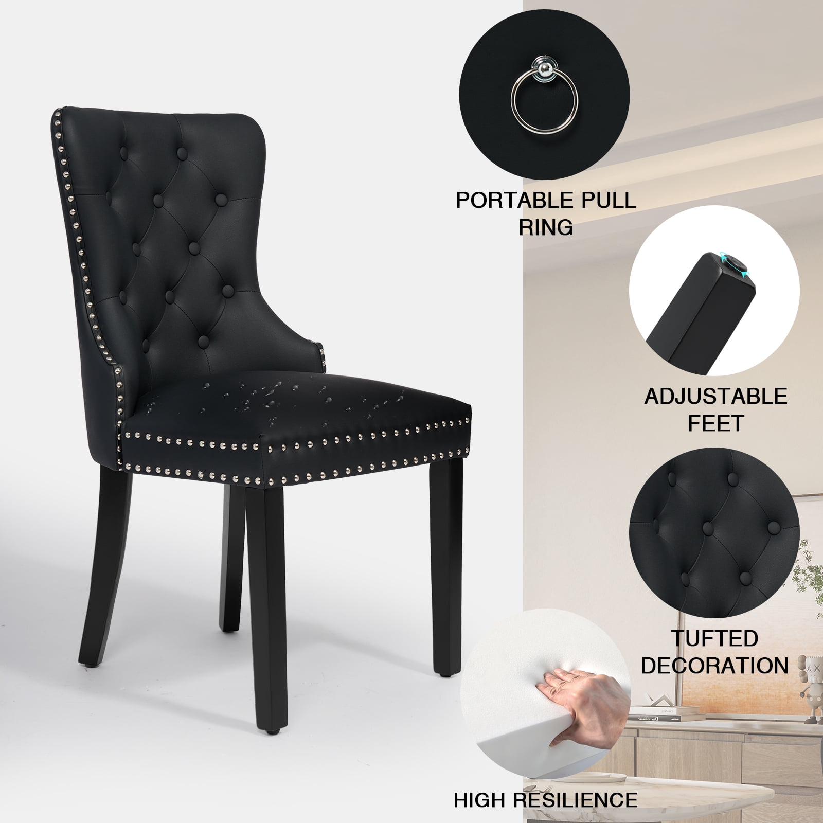 Foredo PU Leather Dining Chairs Set of 2, Tufted Upholstered Dining Room Chair with Pull Ring and Solid Wood Legs, Black