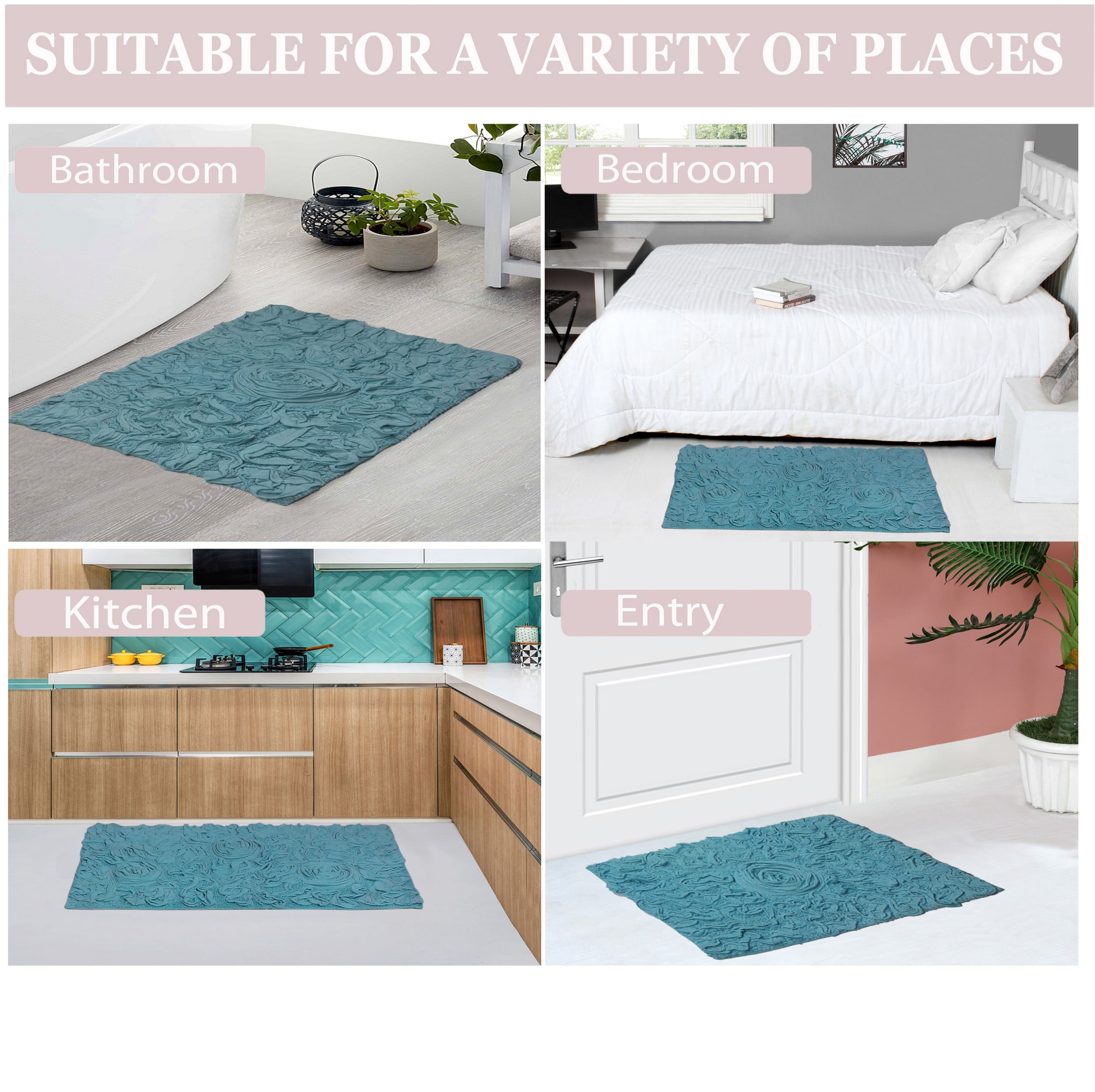 Home Weavers Bell Flower Collection 100% Cotton Non-Slip Bathroom Rug Set Machine Washable Bathroom Rug, U Shaped Contour, Bathroom Rug, Bath Rug, Runner, Blue Color 5 Piece Bath rug set
