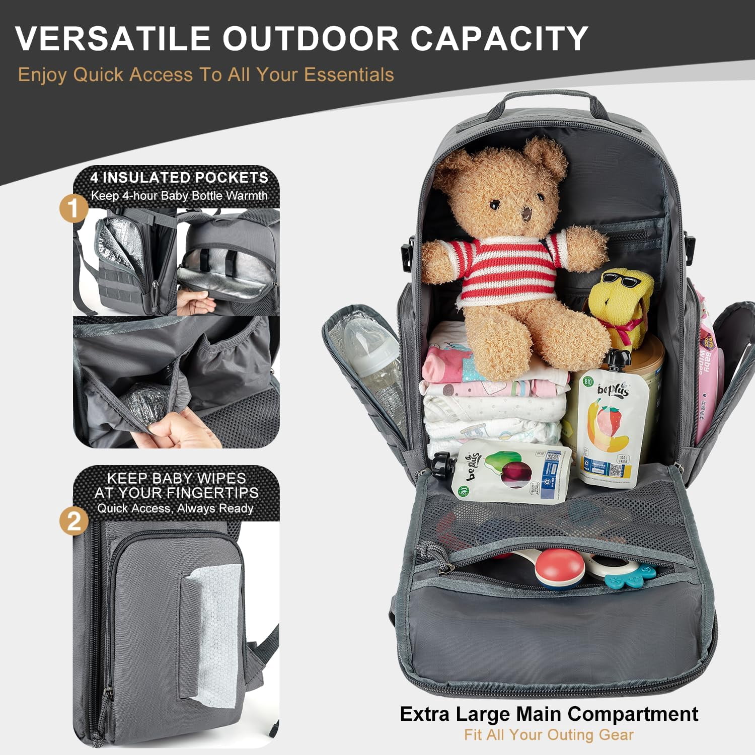 MIRACOL Diaper Bag Backpack for Dad: 40L XL Capacity Fits 1-3 Days Trip - Military Style with Daddy Patch for Active Dads - Ideal Gift for New Fathers & Husbands Grey