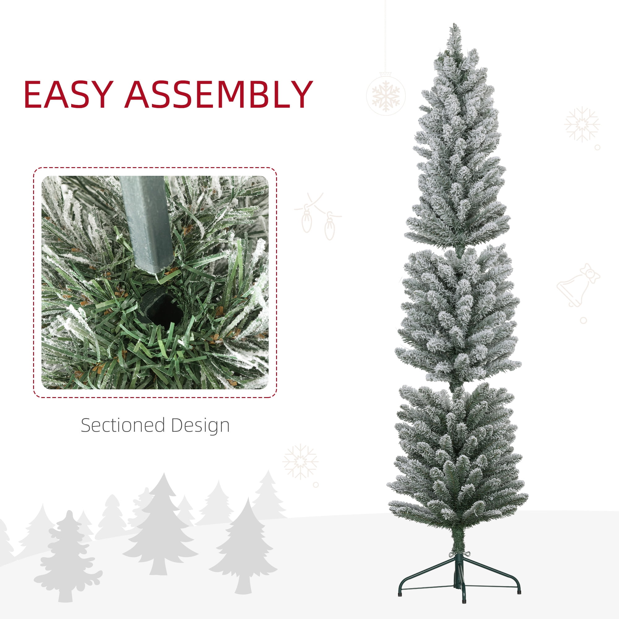 6ft Artificial Pencil Christmas Tree with Snow Flocked Tips, Green