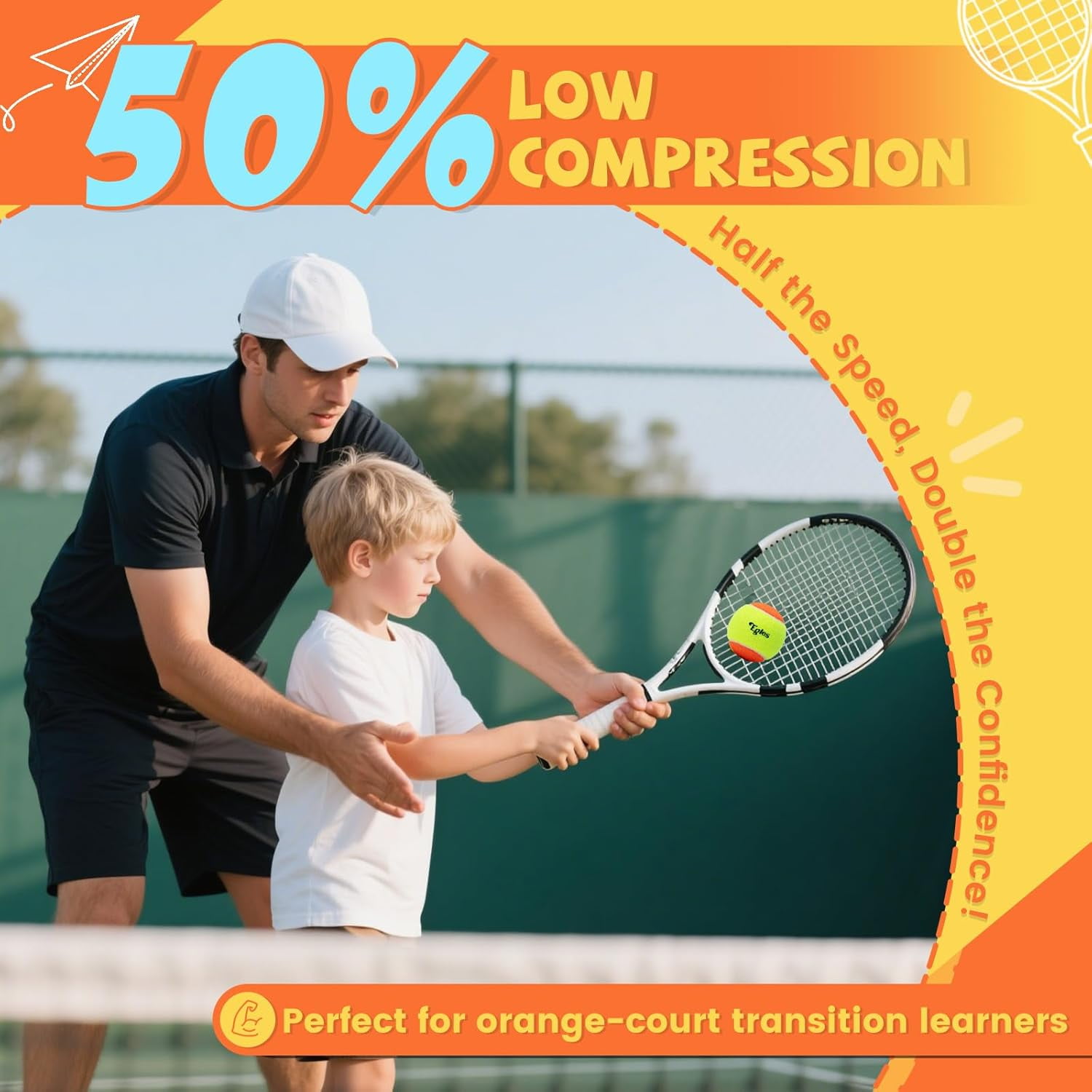 12/20/36/48/60 Pack Kids Tennis Balls 50% Low Compression Stage Tennis Ball, Practice Balls for Beginners, Youth Training & Dog Play,  Two-Tone Colors Tennis Balls with Mesh Bag for All Court