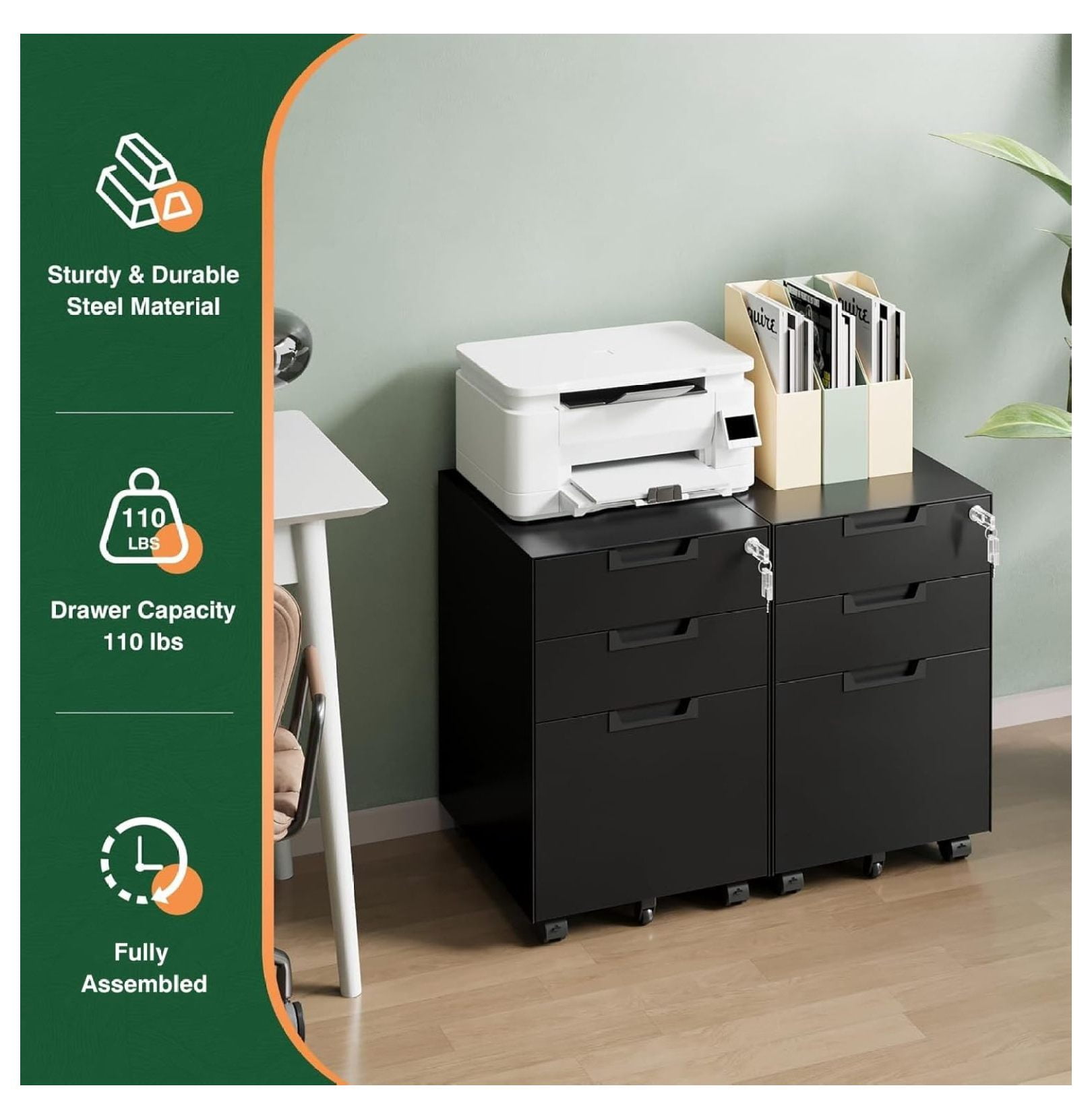 WDZS 3 Drawer Mobile File Cabinet with Lock,Under Desk Metal Small Filing Cabinets for Home Office Organizer Letters/Legal/A4(Fully Assembled Except Wheels-Black)