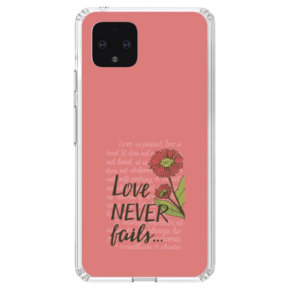 DistinctInk Clear Shockproof Hybrid Case for Google Pixel 4 XL (6.3" Screen) - TPU Bumper, Acrylic Back, Tempered Glass Screen Protector - 1 Corinthians 13 - Love Never Fails - Flower