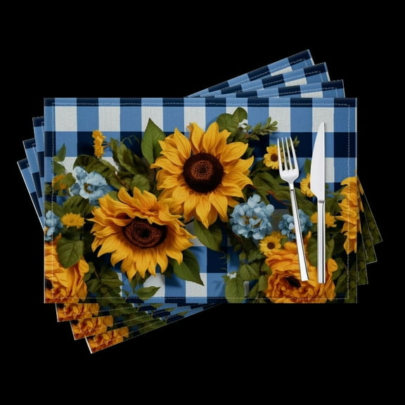 BaHomeck placemats Set of 4 Blue And White Gingham Background With Sunflowers Cotton Linen rectangle Placemats for Kitchen Dining Table Indoor,Outdoor,18*12inch