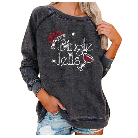 

jsaierl Women s Christmas Sweatshirts Long Sleeve Wine Glasses Pattern Top Workout Crewneck Sweatshirt Plus Size Pullover for Women Fashion 2022