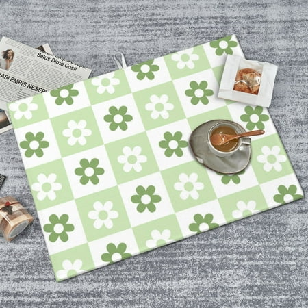 

PUREYAH Dish Mat Drying Kitchen Mat Microfiber Green Floral Patchwork Plaid Quick Absorbent Sink Drying Mat for Kitchen Counter 18x24 Inch