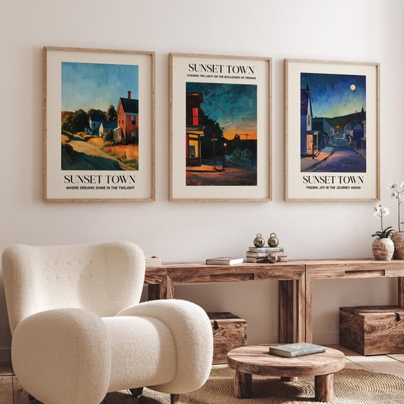 Luvia Sunset Town Posters - Twilight Landscape Set Of 3 Prints - Rustic Town Sunset Golden Hour Artwork, Modern Wall Decor Set 3 Prints 8x12 UNFRAMED