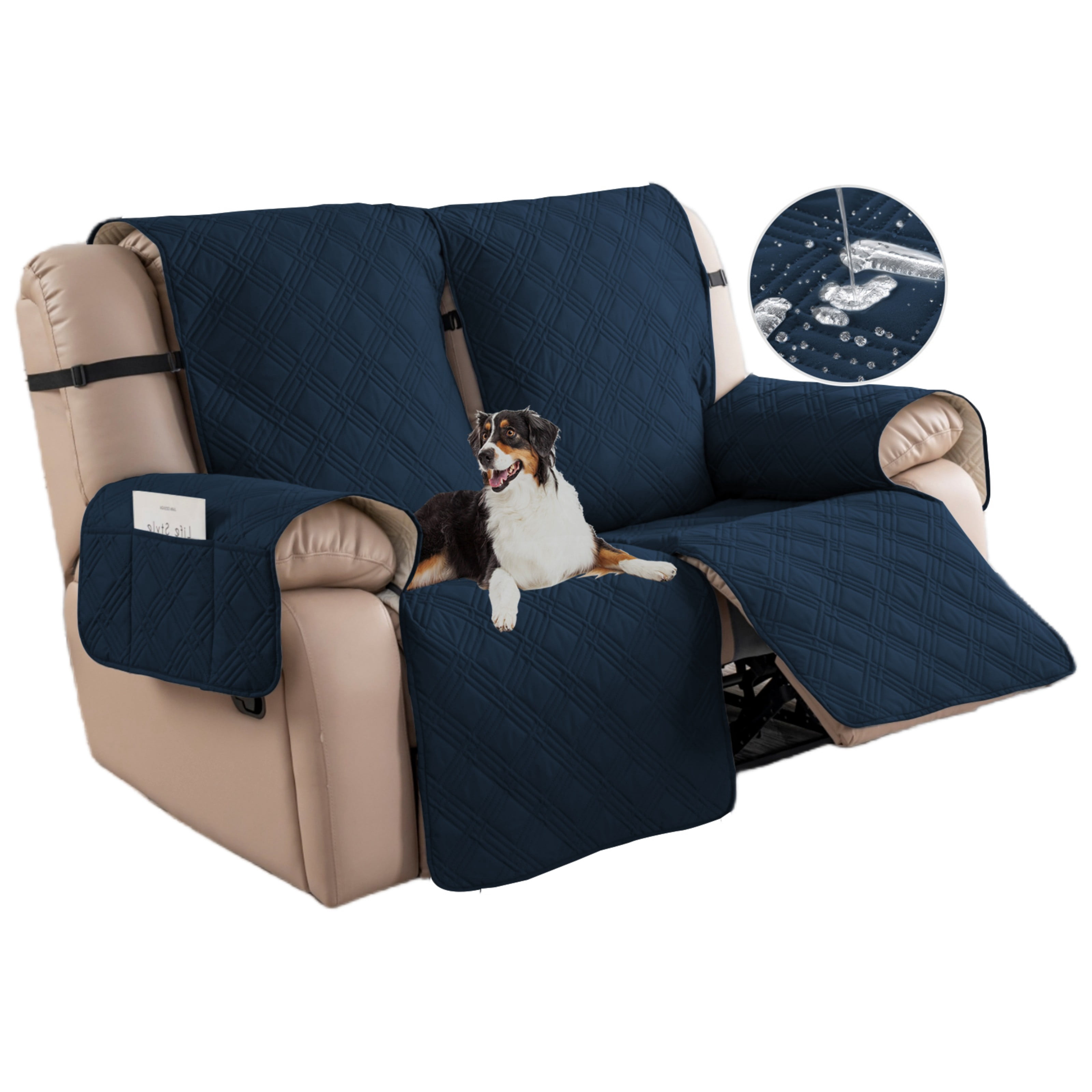 Lavish Cover 100% Waterproof Recliner Loveseat Cover, 2 Pieces Non-Slip Recliner Couch Slipcovers, Washable Furniture Protector with Pockets & Elastic Straps for Kids Pets, 2 Seaters, Dark Blue
