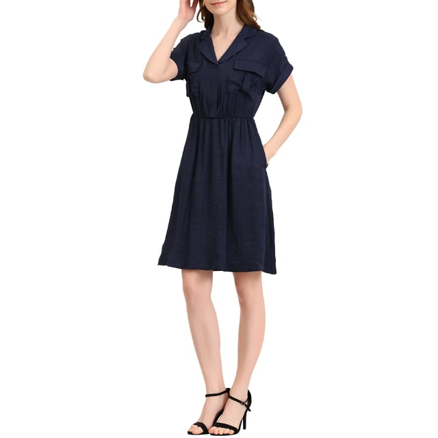 INSPIRE CHIC Robe-Chemise pour Femme de Travail à Revers Cranté, Col en V, Taille Élastique, avec Poches, P Bleu Marine