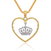 14K Solid Two Tone Yellow White Gold Beaded Heart Dangling Royal Princess Crown Necklace Chain Pendant Charm with chain 16inch