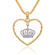14K Solid Two Tone Yellow White Gold Beaded Heart Dangling Royal Princess Crown Necklace Chain Pendant Charm with chain 16inch