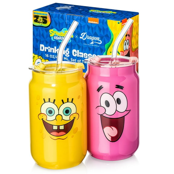 Dragon Glassware x SpongeBob SquarePants 16 oz Faces Drinking Glasses with Straws and Lids Set of 2