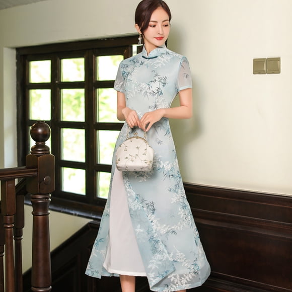 Elegant Traditional Chinese Style Embroidered Chiffon Stand Collar Dress