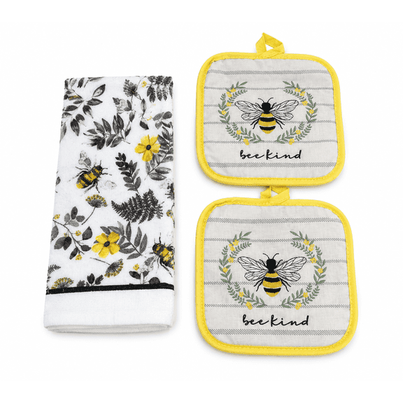 Bee Kitchen Set (3) Piece Bundle (1) Decorative Towel and (2) Matching Pot Holders Yellow Gray Design Dishwasher Oven Stove