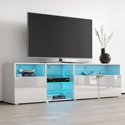 Cfowner TV Stand for TVs up to 90" with LED Lights, White Wood