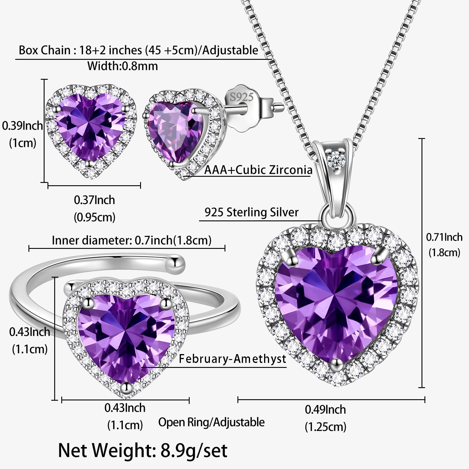 Juwaliy Women Heart Jewelry Set Necklace Earrings Ring 925 Sterling Silver February Birthstone Amethyst Wife Mother Birthday Valentine's Day Gift
