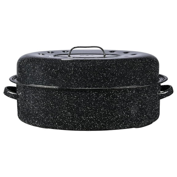 Drevy Oval Roaster 19 inch with Lid (Speckled Black) - Enamelware roasting pan. Home or on the Grill. Great Grilling, Boiling, Baking or Roasting. Dishwasher Safe.