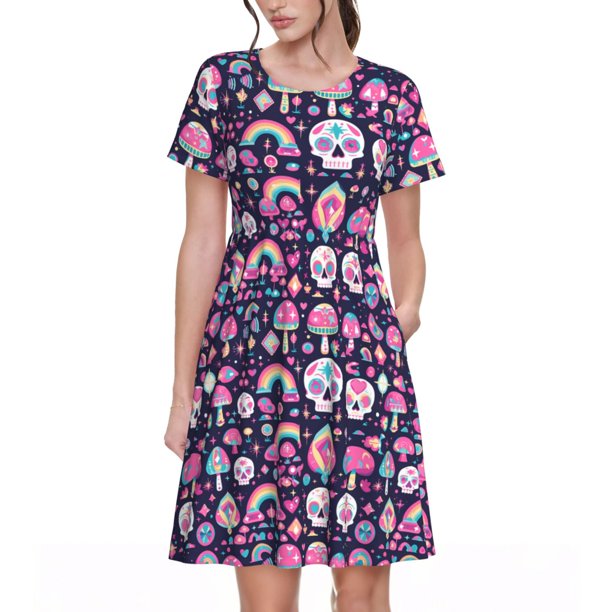 Disketp cute Skull rainbow mushroom para Vestido de Manga Corta para Mujeres, Vestidos de Verano para Mujeres, Casual y Holgado para la Playa