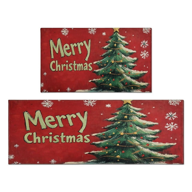 Christmas Kitchen Rug Set of 2 Anti Fatigue Kitchen Mats for Floor,Red Christmas Winter Rustic Tree Kitchen Rugs and Mats for Bathroom,Room Farmhouse (47x17+30x17in)