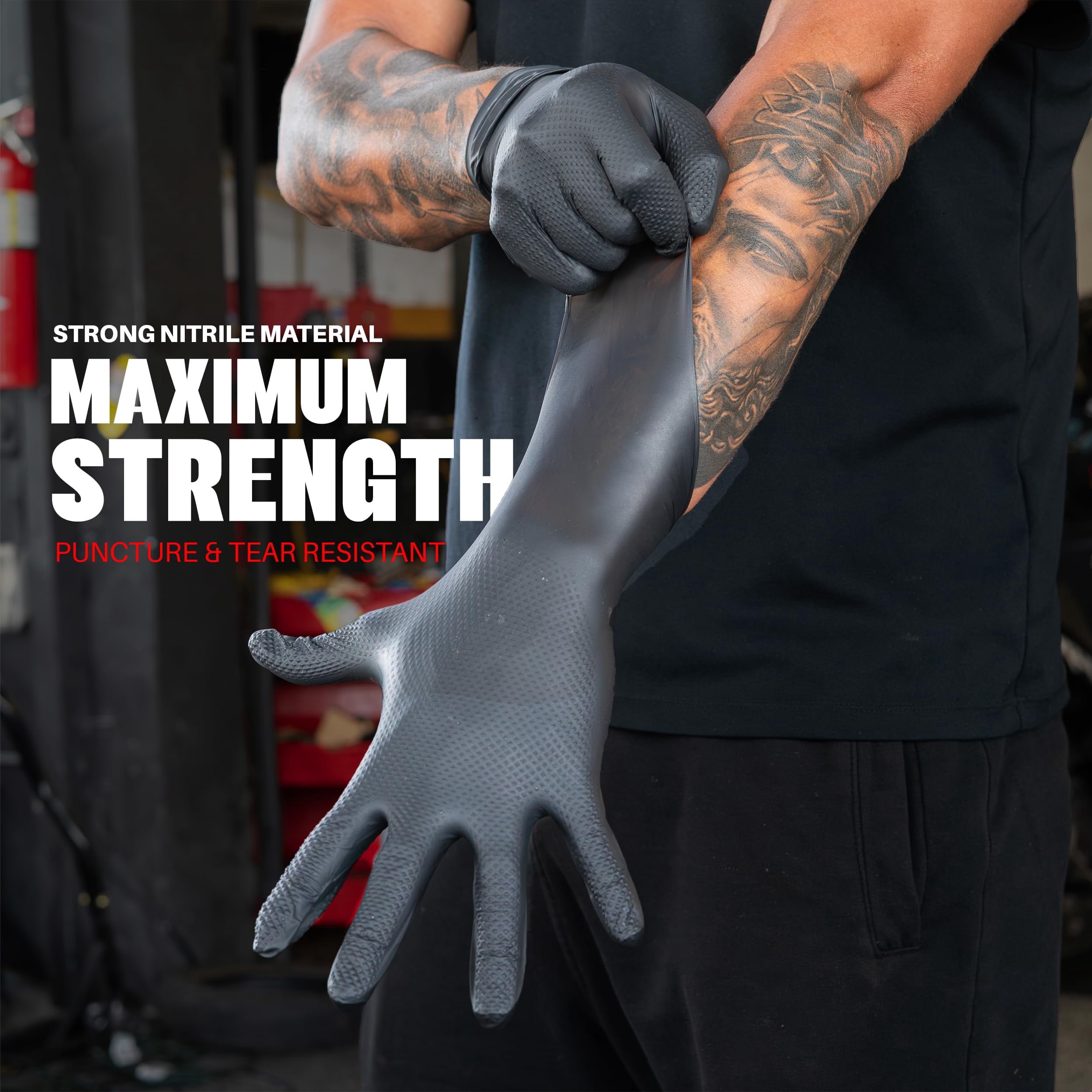 GRIPXX 3D Herkules Grip 8-Mil Industrial Black Nitrile Gloves – Disposable Heavy-Duty, Latex- & Powder-Free Gloves - 200ct X-large black gloves