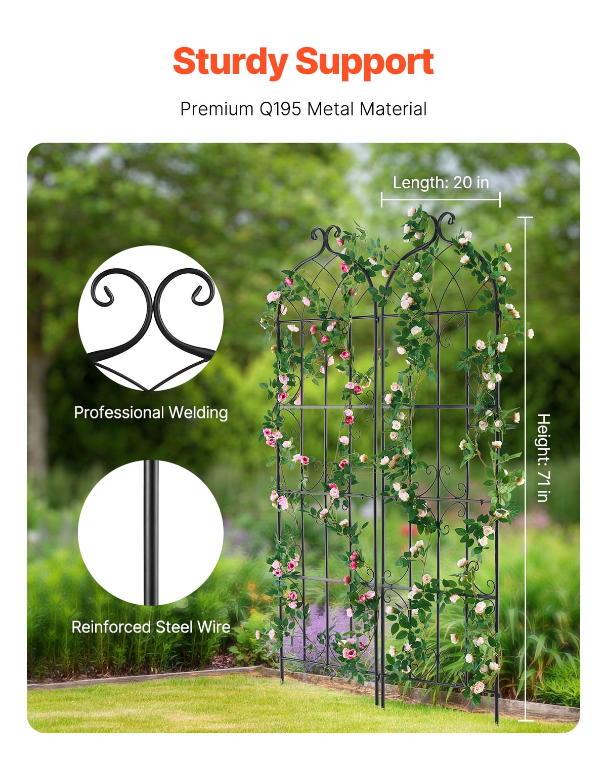 KFFKFF Garden Support Structure for Vine Plants, Dimensions 71 x 20 inches, Set of 2 Durable Metal Garden Trellis, Outdoor Support for Climbing Roses and Cucumbers, Aesthetic Clematis Trellis